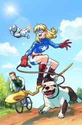 Rule 34 | 1girl, 2boys, animal hands, bicycle, blonde hair, blue eyes, boots, cross-laced footwear, dc comics, dog, dog paws, gloves, green eyes, highres, lace-up boots, leash, long sleeves, midriff, mike dugan, multiple boys, official art, open mouth, outdoors, red gloves, red hair, road, s.t.r.i.p.e, sen (sen69), shoelaces, shoes, sneakers, staff, star (symbol), stargirl, superhero costume, teeth, tongue, tongue out