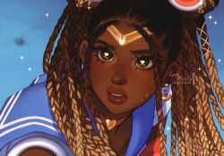Rule 34 | 1girl, bishoujo senshi sailor moon, blue background, blue sailor collar, brown hair, commentary, dark-skinned female, dark skin, derivative work, earrings, english commentary, english text, eyelashes, heart, heart-shaped pupils, highres, jewelry, long hair, lovelyrosebun, meme, parted lips, portrait, sailor collar, sailor moon redraw challenge (meme), signature, simple background, solo, sparkle, sweat, symbol-shaped pupils, tagme, thick eyebrows