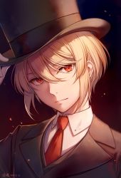 Rule 34 | 1boy, arm up, ayuanlv, black hat, black jacket, black vest, blonde hair, collared shirt, dated, hair between eyes, hand on headwear, hat, jacket, male focus, necktie, red eyes, red necktie, shirt, signature, solo, top hat, upper body, vest, white shirt, william james moriarty, yuukoku no moriarty