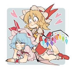 Rule 34 | 2girls, annoyed, ascot, asymmetrical hair, asymmetrical wings, bat wings, blonde hair, dress, fang, fang out, flandre scarlet, hair between eyes, hat, light purple hair, looking at another, looking away, mary janes, mob cap, multiple girls, nappooz, pink dress, puffy short sleeves, puffy sleeves, red dress, red eyes, remilia scarlet, shoes, short hair, short sleeves, siblings, side ponytail, sisters, sitting, sitting on person, smile, touhou, wings