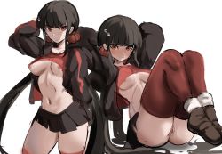 Rule 34 | 1girl, absurdly long hair, arm up, black coat, black jacket, black skirt, blush, brown footwear, brown hair, coat, danganronpa (series), danganronpa v3: killing harmony, exercising, female focus, hair ornament, hairband, hand up, hands on own head, harukawa maki, jacket, knees together feet apart, knees up, legs together, long hair, looking at viewer, miniskirt, navel, nipples, nipples visible through clothes, pleated skirt, pussy, rakeemgc, red eyes, red hairband, red headwear, red scrunchie, red thighhighs, scrunchie, simple background, sit-up, sit-ups, sitting, skirt, standing, striped clothes, striped jacket, thighhighs, thighs together, twintails, very long hair, white background