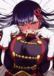 Rule 34 | 1girl, absurdres, anti-demon corps uniform, bed sheet, blush, breasts, clenched teeth, collar, collar tug, fangs, from above, full-face blush, gloves, hair ornament, highres, huge breasts, jacket, long hair, long sleeves, looking at viewer, lying, mato seihei no slave, on back, purple eyes, purple hair, purple jacket, teeth, upper body, v-shaped eyebrows, white gloves, yamada otonari, yamashiro ren