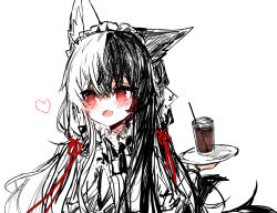 Rule 34 | 1girl, :d, alice mana, blush, cup, drink, drinking glass, drinking straw, fang, hair between eyes, hair ribbon, hand up, heart, highres, holding, holding plate, indie virtual youtuber, long hair, multicolored hair, open mouth, plate, raeee, red eyes, red ribbon, ribbon, shirt, simple background, sketch, smile, solo, twintails, two-tone hair, upper body, virtual youtuber, white background