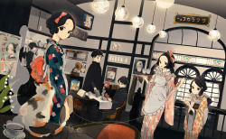 Rule 34 | 3boys, 3girls, alcohol, apron, beer, beer mug, black eyes, black hair, book, bow, cafe, calico, cape, cat, chair, coat rack, cup, dutch angle, frying pan, gakuran, glasses, hair bow, hat, indoors, japanese clothes, kimono, looking at viewer, mug, multiple boys, multiple girls, open book, original, phonograph, poster (object), reading, restaurant, school uniform, short hair, sign, sitting, steam, table, teacup, toinana, tray, waitress, window, yukata