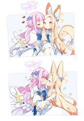 Rule 34 | !, 2girls, angel wings, animal ear fluff, animal ears, bare shoulders, blonde hair, blue archive, blush, capelet, closed eyes, commentary request, detached sleeves, dress, flower, hair bun, hair flower, hair ornament, halo, heart, highres, kiss, long hair, mika (blue archive), multiple girls, one eye closed, pink hair, pink halo, purple flower, seia (blue archive), single side bun, tail, white capelet, white dress, white wings, wide sleeves, wings, yellow eyes, yellow halo, yun (dust-i1), yuri