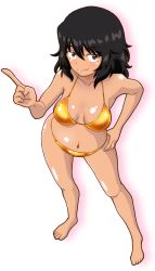 Rule 34 | 1girl, andou (girls und panzer), bikini, black hair, blush, breasts, brown eyes, closed mouth, collarbone, girls und panzer, gogopaint, gold bikini, hand on own hip, highres, large breasts, long hair, looking at viewer, navel, shiny skin, smile, solo, swimsuit
