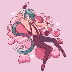 Rule 34 | 1girl, ahoge, androgynous, black gloves, black necktie, black pants, blush, blush stickers, box, box of chocolates, brown shirt, candy, collared shirt, creatures (company), earrings, food, game freak, gloves, green hair, heart, heart-shaped box, heart-shaped lollipop, highres, holding, holding letter, jewelry, letter, lipstick mark, lipstick mark on face, lollipop, long hair, loveycloud, lying, necktie, nintendo, open mouth, pants, pink background, pokemon, pokemon sv, ponytail, red eyes, reverse trap, rika (pokemon), sanpaku, shaped lollipop, shirt, simple background, solo, suspenders, valentine
