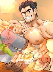 Rule 34 | 1boy, abs, apron, bara, barista, beanbagdump, beard stubble, black hair, brown apron, bulge, counter, cup, erection, erection under clothes, facial hair, girthy penis, grin, highres, holding, holding teapot, huge eyebrows, large areolae, large pectorals, lucas lee, male focus, muscular, muscular male, naked apron, nipples, object on bulge, pectorals, penis, pouring, scott pilgrim (series), scott pilgrim takes off, short hair, smile, solo, sparkle, stubble, teacup, teapot, topless male, uncensored