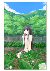 Rule 34 | 1girl, arm support, black eyes, black hair, cloud, collarbone, completely nude, day, fence, flat chest, food, fruit, full body, holding, kneeling, long hair, mountainous horizon, nature, navel, nipples, no nose, nude, on ground, open mouth, original, outdoors, roreru (rorerore-ya), seiza, signature, sitting, sky, solo, strawberry, tree, very long hair
