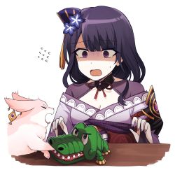 Rule 34 | 1girl, @ @, alligator, alternate form, armor, biting, biting another&#039;s hand, biting hand, bow, bowtie, breasts, bridal gauntlets, choker, cleavage, crocodilian, flower, flying sweatdrops, fox, genshin impact, hair flower, hair ornament, hands up, highres, japanese clothes, kimono, lix (iroiro3843), long hair, looking at another, medium breasts, meme, mole, mole under eye, nail polish, obi, obiage, obijime, open mouth, pain, purple eyes, purple flower, purple hair, purple kimono, purple nails, raiden shogun, red ribbon, ribbon, ribbon choker, sash, shaded face, shoulder armor, simple background, solo, surprised, sweat, table, toy, upper body, white background, wide-eyed, yae miko, yae miko (fox)