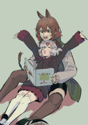 Rule 34 | 2girls, absurdres, animal ears, arknights, black jacket, book, brown hair, brown jacket, brown thighhighs, catapult (arknights), commentary request, eyepatch, feet out of frame, green background, green eyes, green jacket, grey hair, hair ornament, happy, highres, holding, holding book, hood, hood up, hooded jacket, jacket, koryuu (gackter10), medical eyepatch, multicolored clothes, multicolored jacket, multiple girls, open book, open mouth, outstretched arms, pleated skirt, popukar (arknights), reading, red skirt, shadow, shoes, short hair, shorts, simple background, skirt, sneakers, spread arms, teeth, thighhighs, two-tone jacket, white thighhighs, x hair ornament