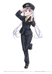 Rule 34 | 1girl, :d, black footwear, black hat, black jacket, black pants, blush, collared shirt, formal, full body, hat, highres, jacket, long hair, long sleeves, looking at viewer, necktie, new game!, official art, open mouth, page number, pant suit, pants, police, police uniform, purple eyes, salute, shirt, silver hair, simple background, smile, solo, suit, suzukaze aoba, tokunou shoutarou, twintails, uniform, very long hair, white background, white shirt, wing collar, yellow necktie