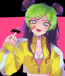 Rule 34 | 1girl, absurdres, aqua nails, bad id, bad pixiv id, bandaid, bandaid on face, black hair, bra, breasts, cleavage, cropped jacket, double bun, dyed bangs, earrings, green hair, hair bun, highres, jacket, jewelry, jojo no kimyou na bouken, kuujou jolyne, long hair, looking at viewer, middle finger, multicolored hair, nail polish, nanohananobon, partially unzipped, pink background, ring, shadow, solo, star (symbol), stone ocean, tongue, tongue out, two-tone hair, underwear, upper body, white bra, yellow jacket, zipper, zipper pull tab