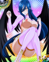 Rule 34 | 10s, 1girl, angel wings, artist request, ass, bikini, black wings, blue hair, blush, boots, breasts, breasts out, card (medium), character name, chess piece, covered erect nipples, cross-laced footwear, feathered wings, female focus, hair between eyes, high school dxd, highres, kalawarner, knight (chess), lace-up boots, large breasts, long hair, nipples, official art, pink bikini, pink footwear, pink thighhighs, shrug (clothing), solo, swimsuit, thighhighs, topless, trading card, very long hair, wings, yellow eyes