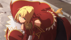 Rule 34 | 10s, aestus estus, ahoge, all fours, armor, armored boots, ass, back cutout, bad id, bad pixiv id, blonde hair, boots, braid, breasts, butt crack, cleavage, clothing cutout, dress, epaulettes, fate/extra, fate (series), from above, full body, green eyes, hair intakes, nero claudius (fate), nero claudius (fate) (all), nero claudius (fate/extra), red dress, smile, solo, sonri, sword, v-shaped eyebrows, weapon