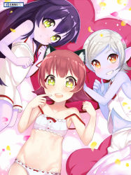 Rule 34 | 3girls, animal ears, annie (league of legends), armpits, atg (wttoo0202), blue skin, blush, breasts, cat ears, colored skin, flat chest, green eyes, grin, hair ribbon, heart, highres, league of legends, lingerie, looking at viewer, lulu (league of legends), lying, midriff, multiple girls, navel, off shoulder, open mouth, orange eyes, panties, petals, purple hair, purple skin, red hair, revision, ribbon, small breasts, smile, tristana, underwear, white hair, yordle