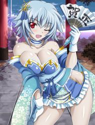 Rule 34 | 10s, 1girl, bare shoulders, blue hair, breasts, cleavage, collarbone, detached sleeves, eyebrows, gloves, hair ornament, hand fan, hand on lap, holding, holding fan, infinite stratos, large breasts, looking at viewer, lowres, neck garter, one eye closed, open mouth, outdoors, red eyes, sarashiki tatenashi, shiny skin, short hair, solo, strapless, white gloves