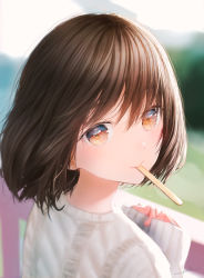 Rule 34 | 1girl, blurry, blurry background, brown eyes, brown hair, commentary request, hair between eyes, highres, long sleeves, looking at viewer, looking back, ojay tkym, original, outdoors, popsicle stick, resolution mismatch, short hair, signature, sleeves past wrists, solo, source larger, sweater, white sweater