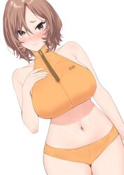 Rule 34 | 1girl, absurdres, bikini, blush, breasts, brown hair, crop top, dutch angle, goshiki suzu, hand on own chest, highres, large breasts, looking at viewer, navel, nose blush, orange bikini, original, simple background, solo, swimsuit, white background