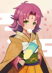 Rule 34 | 1girl, alternate costume, bow, commentary request, facial mark, fae (fire emblem), falling petals, fire emblem, fire emblem: the binding blade, food in mouth, forehead mark, gradient background, green eyes, highres, japanese clothes, kimono, labebebe lee, medium hair, nintendo, petals, pink background, purple hair, solo, white bow