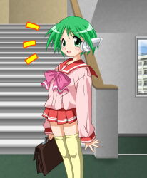 Rule 34 | 1girl, bag, blush, building, day, female focus, green eyes, green hair, holding, holding school bag, imaden, indoors, long sleeves, looking at viewer, multi (to heart), open mouth, red sailor collar, robot ears, robot girl, sailor collar, school bag, school uniform, serafuku, short hair, solo, stairs, standing, thighhighs, to heart, to heart (series), yellow thighhighs