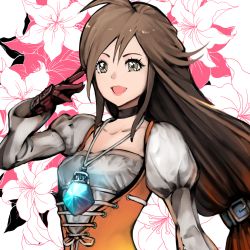 Rule 34 | 1girl, :d, black choker, breasts, brown eyes, brown hair, chienon, choker, final fantasy, final fantasy ix, floral background, flower, garnet til alexandros xvii, gloves, hand up, highres, jewelry, juliet sleeves, lily (flower), long hair, long sleeves, low-tied long hair, necklace, open mouth, puffy sleeves, red gloves, small breasts, smile, solo, upper body, very long hair