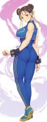 Rule 34 | 1girl, ass, blue bodysuit, blush, bodysuit, bracelet, breasts, brown eyes, brown hair, capcom, chun-li, commentary request, double bun, fingernails, hair bun, highres, jewelry, jumpsuit, looking at viewer, looking back, medium breasts, murata tefu, parted lips, shiny clothes, shiny skin, shoes, signature, simple background, skin tight, sleeveless, sneakers, solo, standing, street fighter, street fighter zero (series), striped, vertical stripes