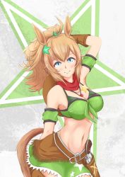 Rule 34 | 1girl, absurdres, animal ears, aonoji, arm up, armband, bandana, bandeau, bare shoulders, belt, bikini, bikini under clothes, blue eyes, breasts, brown belt, brown gloves, brown hair, cleavage, commentary request, cowboy shot, detached sleeves, front-tie top, gloves, green armband, green skirt, grey background, groin, gun, hair ornament, handgun, highres, holster, holstered, horse ears, horse tail, large breasts, long hair, looking at viewer, midriff, miniskirt, navel, partial commentary, ponytail, revolver, short sleeves, skirt, skirt set, smile, solo, standing, star (symbol), star hair ornament, stomach, strapless, swimsuit, taiki shuttle (umamusume), tail, tube top, umamusume, weapon