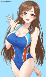 Rule 34 | 1girl, blue background, breasts, brown eyes, brown hair, chamumi (mochiumee), cleavage, competition swimsuit, cowboy shot, highres, idolmaster, idolmaster cinderella girls, long hair, medium breasts, nitta minami, one-piece swimsuit, open mouth, smile, swimsuit