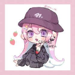 Rule 34 | 1girl, :p, black hat, black sweater, border, commentary request, earrings, eyelashes, finger to own chin, food, fruit, hat, heart, highres, jewelry, long hair, myon rio, nintendo, octoling, octoling girl, octoling player character, pink border, pink hair, purple eyes, simple background, solo, splatoon (series), strawberry, sweater, tentacle hair, thick eyebrows, tongue, tongue out, upper body, watermark, white background, zipper, zipper pull tab