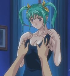 Rule 34 | 00s, 1boy, 1girl, animated, animated gif, breasts, discipline, flashing, green hair, lowres, nipples, nonomura ruri, purple eyes, school swimsuit, standing, swimsuit, twintails, undressing