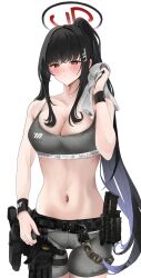 Rule 34 | 1girl, alternate costume, black hair, blue archive, blush, breasts, collarbone, cowboy shot, crop top, fte (fifteen 199), grey shorts, grey sports bra, gun, halo, handgun, high ponytail, highres, holding, holding gun, holding towel, holding weapon, holster, large breasts, long hair, ponytail, red eyes, rio (blue archive), short shorts, shorts, solo, sports bra, stomach, sweat, sweaty clothes, towel, weapon, white background, wiping sweat, wristband