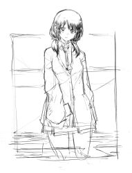 1girl character_request closed_mouth greyscale highres kotoyama looking_at_viewer monochrome necktie school_uniform sketch skirt solo twintails white_background