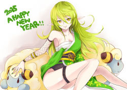 Rule 34 | 1girl, breasts, chinese zodiac, cleavage, collarbone, creatures (company), crossover, elf, elsword, floral print, game freak, gen 2 pokemon, happy new year, kumataro, long hair, mareep, new year, nintendo, pointy ears, pokemon, pokemon (creature), rena erindel, sheep, sitting, smile, traditional clothes, year of the goat
