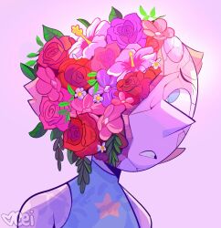 1girl artist_name blue_eyes bouquet broken_plate ceiwidraws crack cracked_glass cracked_skin flower hair_flower hair_ornament highres leaf looking_up pearl_(steven_universe) pink_background pink_flower plate purple_flower red_flower red_rose rose signature simple_background solo star_(symbol) steven_universe white_background white_flower