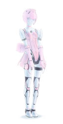 Rule 34 | 1girl, android, bow, elbow gloves, elenor camuel, gloves, highres, light smile, maid headdress, no pupils, pale skin, phantasy star, phantasy star online, pikoroo, pink hair, puffy sleeves, short hair, simple background, skirt, solid eyes, solo, standing, white background