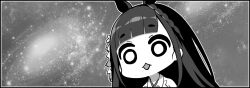 1girl animal_ears azur_lane azur_lane:_slow_ahead black_hair braid chibi daisen_(azur_lane) galaxy greyscale hair_ornament hori_(hori_no_su) horse_ears horse_girl meme monochrome solo space space_cat_(meme) star_(sky)