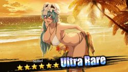 Rule 34 | 1girl, beach, bent over, bikini, bleach, bleach: brave souls, breasts, brown eyes, cleavage, facial mark, flower, green hair, jewelry, large breasts, leaning forward, long hair, looking at viewer, necklace, nelliel tu odelschwanck, open mouth, sarong, smile, solo, standing, swimsuit, tagme