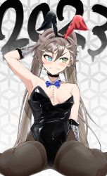 Rule 34 | 1girl, 2023, absurdres, animal ears, arm behind head, armpits, blue bow, blue bowtie, blue eyes, blush, bow, bowtie, bracer, breasts, brown hair, chinese zodiac, choker, commentary, covered navel, de lisle (girls&#039; frontline), embarrassed, girls&#039; frontline, green eyes, hair ornament, heterochromia, highres, kuzumotsu, leotard, long hair, looking away, mole, mole under eye, multicolored hair, pantyhose, playboy bunny, rabbit ears, sitting, small breasts, solo, twintails, wariza, white hair, year of the rabbit