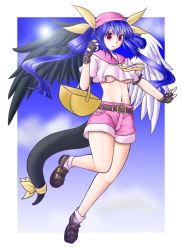 Rule 34 | 1girl, arc system works, asymmetrical wings, blue hair, breasts, dizzy (guilty gear), fingerless gloves, gloves, guilty gear, medium breasts, picnic basket, pink shorts, red eyes, ribbon, sailor collar, shorts, solo, tail, tail ornament, tail ribbon, tsukiyo tsubaki, underboob, wings