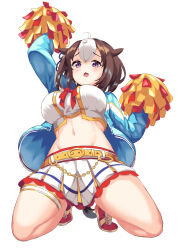 Rule 34 | 1girl, @ @, ahoge, animal ears, arm up, belt, blue jacket, blush, bow, breasts, brown hair, cheerleader, chestnut mouth, commentary request, cosplay, ear ribbon, hair between eyes, highres, horse ears, horse girl, horse tail, jacket, large breasts, long sleeves, looking at viewer, medium hair, meisho doto (umamusume), midriff, multicolored hair, navel, nice nature (run&amp;win) (umamusume), nice nature (umamusume), nice nature (umamusume) (cosplay), open clothes, open jacket, open mouth, pleated skirt, pom pom (cheerleading), purple eyes, purple ribbon, red footwear, ribbon, sawara noa, shirt, simple background, skirt, solo, spread legs, streaked hair, tail, umamusume, white background, white hair, white shirt, white skirt, yellow belt