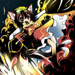 Rule 34 | 1girl, animal ears, brown hair, cat ears, cat girl, cat tail, chen, explosion, female focus, fire, hat, multiple tails, red eyes, short hair, skirt, solo, tail, takamoto akisa, touhou