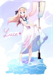 Rule 34 | 1girl, a.a (aa772), animal print, banner, bare legs, barefoot, blonde hair, blue eyes, blue neckerchief, blue sailor collar, butterfly print, closed mouth, commentary request, dress, floating hair, full body, hat, highres, latin text, long hair, looking at viewer, neckerchief, original, print dress, sailor collar, sailor dress, sailor hat, see-through, shallow water, sidelocks, skirt hold, sleeveless, sleeveless dress, smile, solo, standing, water, white dress, white hat, wind