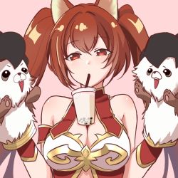 Rule 34 | 1girl, animal, animal ears, animal hands, bare shoulders, breasts, bubble tea, bubble tea challenge, cerberus (shingeki no bahamut), cleavage, commentary request, cygames, dog, dog ears, dragalia lost, drinking, highres, holding, holding animal, large breasts, long hair, looking at viewer, pink background, puppy, red eyes, red hair, simple background, twintails, white rice (artist)