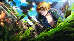 Rule 34 | 1boy, black choker, blonde hair, blood, blood on face, blue jacket, chainsaw, choker, game cg, goggles, goggles on head, green blood, highres, jacket, limbus company, nai ga, official art, project moon, screwdriver, short hair, sinclair (project moon), smoke, solo, tools, topless male, wrench, yellow eyes