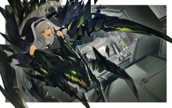 Rule 34 | 1other, 2girls, :d, absurdres, anger vein, arknights, black coat, black footwear, black headwear, black nails, border, capelet, coat, commentary request, commission, doctor (arknights), dress, dutch angle, full body, green dress, grey capelet, grey hair, habit, highres, hood, hooded coat, indoors, jewelry, kal&#039;tsit (arknights), lab coat, long hair, long sleeves, mon3tr (arknights), monster, multiple girls, open clothes, open coat, open mouth, outside border, oxy (ho2), pendant, red eyes, riding, scared, sharp teeth, skeb commission, smile, specter (arknights), teeth, white border, white hair