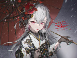 Rule 34 | 1girl, 2022, absurdres, black gloves, bow, breath, crossed bangs, earrings, floral print, flower, gloves, grey hair, hair between eyes, hair flower, hair ornament, highres, holding, holding smoking pipe, holding umbrella, japanese clothes, jewelry, kimono, long hair, looking at viewer, nengajou, new year, obi, oil-paper umbrella, open mouth, original, print kimono, rasa k, red eyes, red umbrella, sash, smoking pipe, snowing, solo, umbrella, upper body, white kimono, wide sleeves