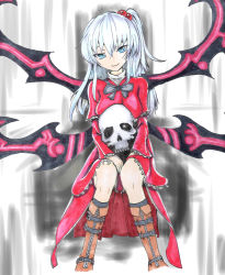 Rule 34 | 1girl, absurdres, blue eyes, boots, buckle, demon wings, dress, faux traditional media, frills, hair bobbles, hair ornament, hands on lap, highres, long hair, multiple wings, red dress, sairyuu chiharu, shinki (touhou), side ponytail, silver hair, sitting, skull, smile, solo, throne, touhou, touhou (pc-98), wings, zipper