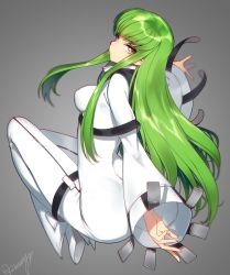 Rule 34 | 1girl, ass, bodysuit, breasts, c.c., code geass, creayus, green hair, long hair, looking at viewer, medium breasts, simple background, solo, white bodysuit, yellow eyes