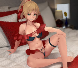 Rule 34 | 1girl, absurdres, bare shoulders, bikini, black bikini, blonde hair, braid, breasts, cleavage, collarbone, dikko, fate/apocrypha, fate (series), french braid, green eyes, grin, hair ornament, hair scrunchie, highres, huge filesize, knee up, long hair, looking at viewer, medium breasts, mordred (fate), mordred (fate/apocrypha), navel, off-shoulder bikini, off shoulder, on bed, parted bangs, ponytail, scrunchie, sidelocks, sitting, small breasts, smile, solo, swimsuit, thighs